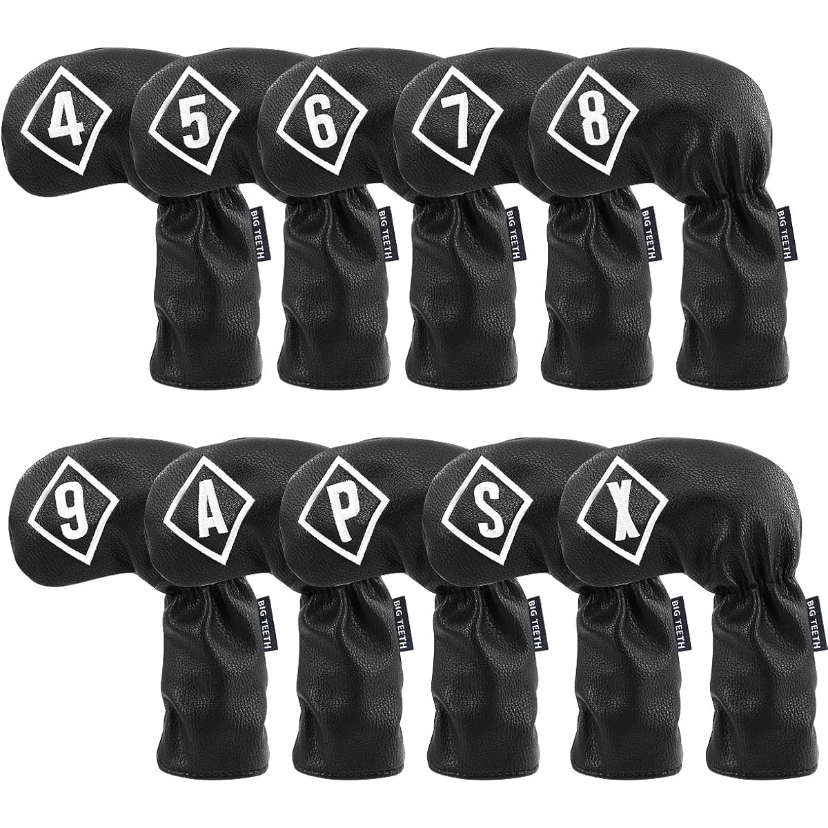 Big Teeth Golf Iron Cover Wedge Cover Head Cover Set of 10 Pieces (4-9, Pw, Aw, Sw, X) Number Embroidery Long Neck Elastic Closure Synthetic Leather Black