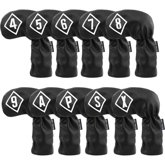 Big Teeth Golf Iron Cover Wedge Cover Head Cover Set of 10 Pieces (4-9, Pw, Aw, Sw, X) Number Embroidery Long Neck Elastic Closure Synthetic Leather Black