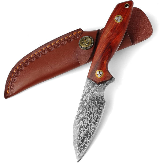 SWISS+TECH Knife Damascus Knife Sheath Knife 64 Layer Damascus Steel Forged Keranji Wooden Handle Wood Chopping Fishing Climbing Camping Survival Outdoor Knife Comes with Dedicated Sheath