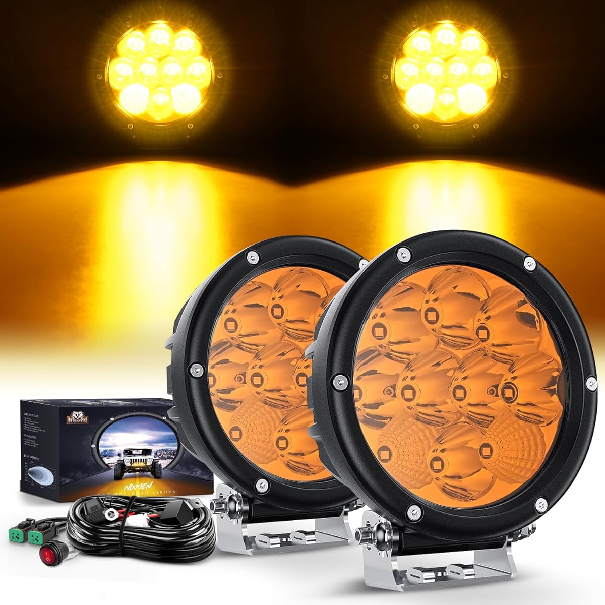 NILIGHT 5.7 inch amber LED driving light round 50W Yellow Foglight 16AWG DT connector Wiring harness IP68 Spot flood combo LED work light off -road ATV UTV track tractor