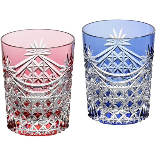 Kagami Crystal Pair Lock Glass Red Blue 240cc Edo Kiriko Square basket pattern on curtain fold TPS370-2835AB