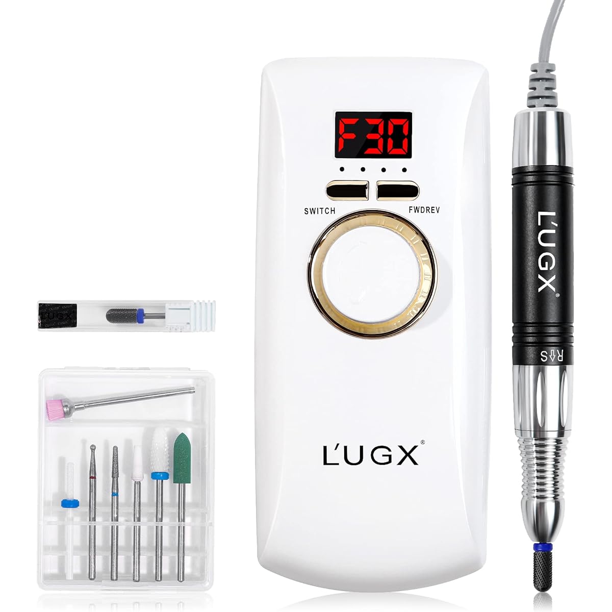 L'UGX Electric Nail Machine 30000RPM Professional Nail Drill Polishing Nail Polish Nail Machine for Home Salon Low Noise Low Vibration 8 Bits (White)