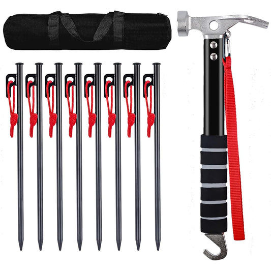 Peg Hammer Set of 8 Forged Pegs 11.8 inches (30 cm) Pegs, Tent Hammer, Camping Hammer, High Carbon Steel, Anti-Slip, Aluminum Handle, Lightweight, Peg Stripping, Peg Removal, Storage Bag Included, Set