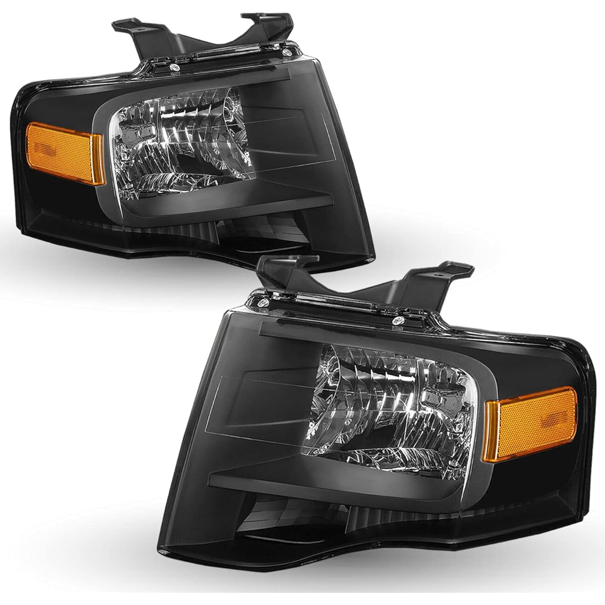 TUSDAR Headlight Assembly Set 2007-2014 Ford EXPEDITION driver & passenger seat side side (with black housing amber reeflex)