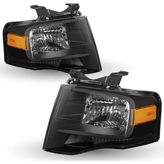 TUSDAR Headlight Assembly Set 2007-2014 Ford EXPEDITION driver & passenger seat side side (with black housing amber reeflex)