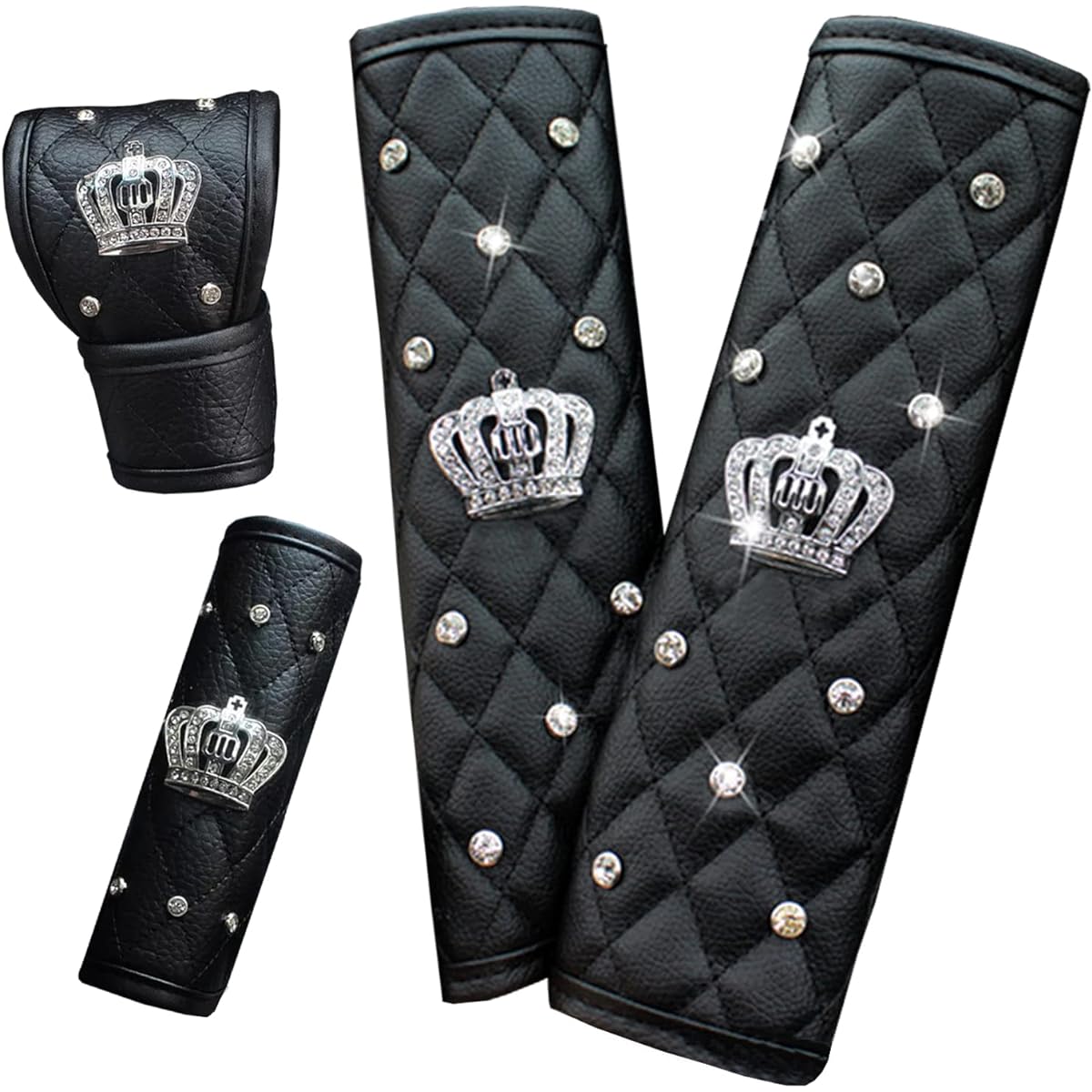 ALVAZA Leather Car Seat Belt Cover Sheet Belt Pad Pad Hand Brake Cover Gear Shift Cover Crown Car Accessories with Glitter Line Stone (4 pieces)