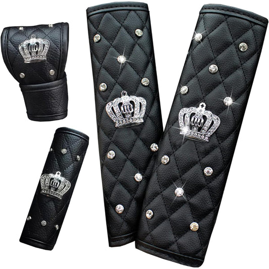 ALVAZA Leather Car Seat Belt Cover Sheet Belt Pad Pad Hand Brake Cover Gear Shift Cover Crown Car Accessories with Glitter Line Stone (4 pieces)