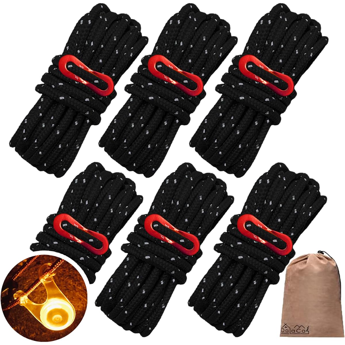 DaLaCa Paracord Tent Rope Tarp Rope Guy Rope with Reflective Material Thickness 5mm Length 4m Set of 6/8/10 Pieces Load Capacity 350kg Flexible Metal Fittings Storage Bag Rope Light Included