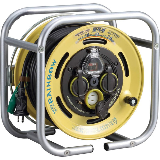 HATAYA Stacking Reel, Outdoor (Rainproof), 100V Type, Cord 30m, Thickness 2.0㎟, Earth Leakage Breaker, Grounding, Built-in Temperature Sensor, 4 Outlets, Outlet with Rainproof Cap, For Factories, Construction Sites, DSBE-30KC
