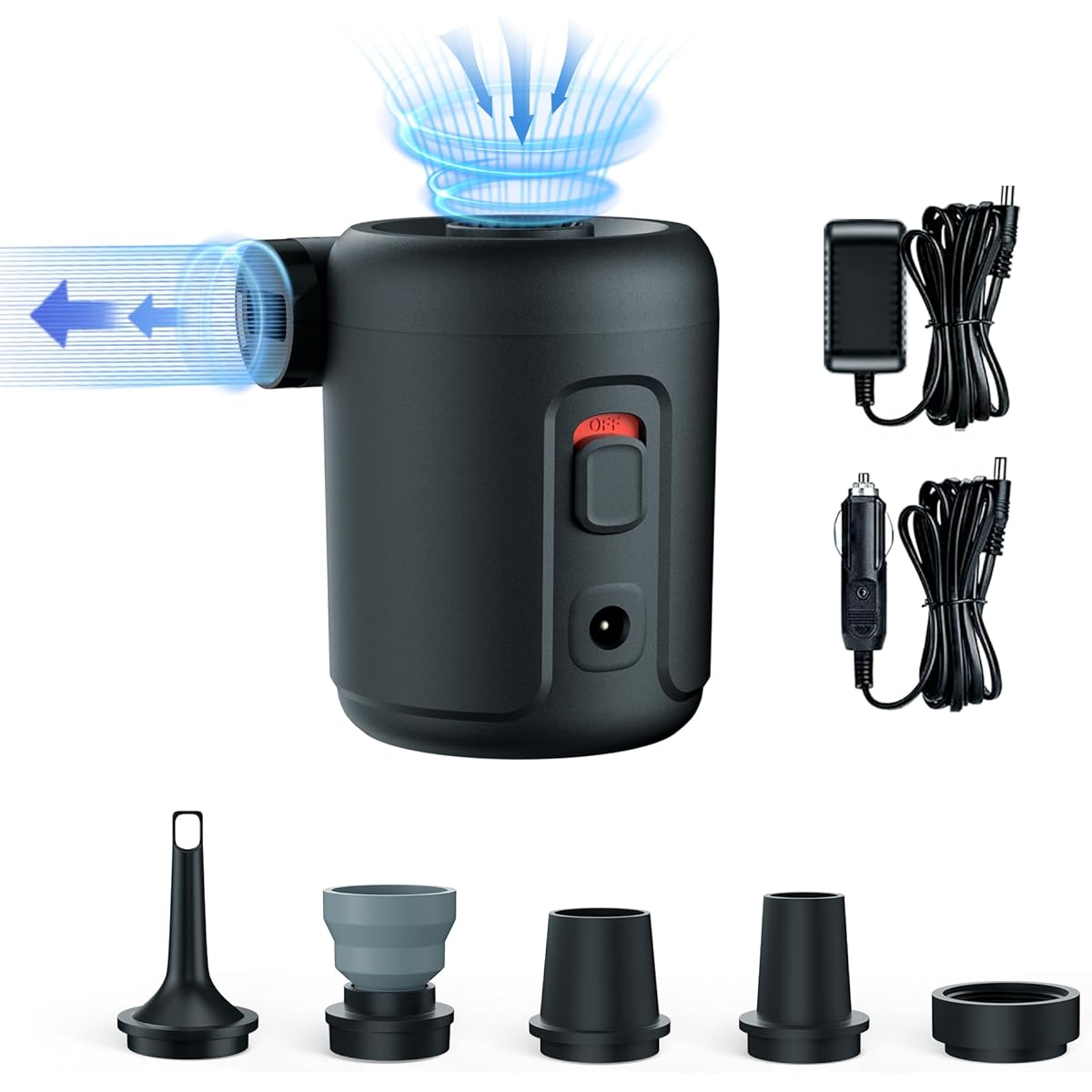 FLEXTAILGEAR Electric Air Pump, Corded Air Pump, 12V DC Powered for Cars, Air Pump, Air Vent, Compatible with Both, Strong Power, Portable, Japanese Instruction Manual Included, Suitable for Floating Rings with 5 Nozzles, Air Beds, Air Sofas, Rubber Boat