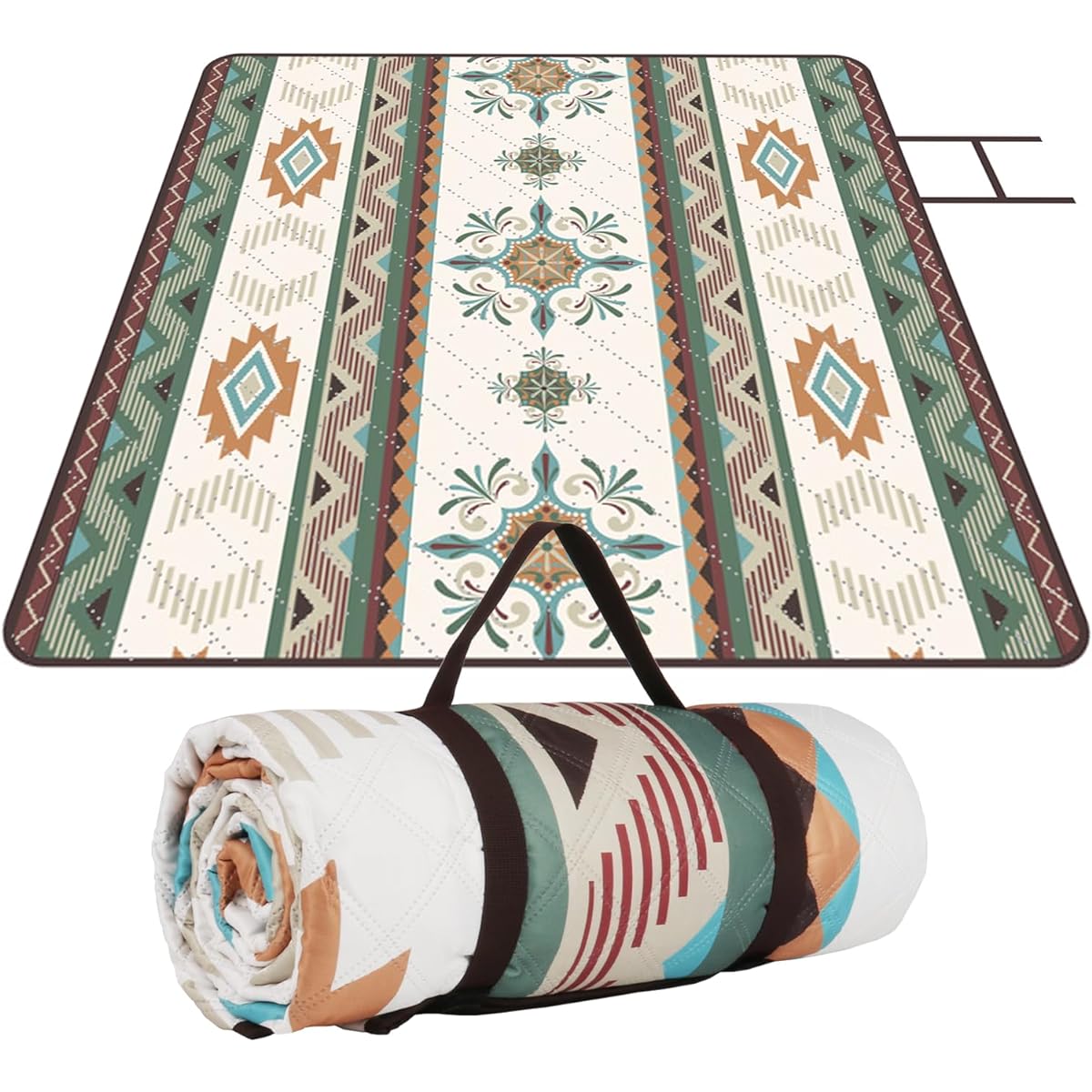 Feestars Leisure Sheet, Lightweight Picnic Mat, 200x200cm, 3 Layer, Picnic Sheet, Water Repellent, Moisture Proof, Large Size, Ultrasonic Pressing, For Adults, Children, 4-6 People, Camping Mat, Outdoor Gift, Foldable, Easy to Carry, Native Pattern, Ethn