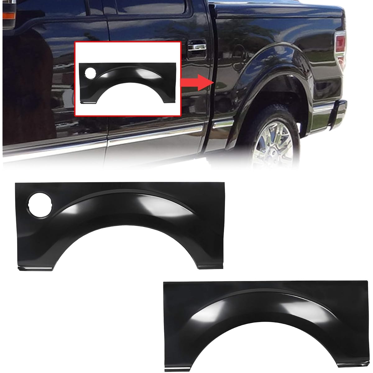 ECOTRIC Rear Wheel Arch Quarter Panel 2009-2014 Ford F150 LD Driver without molding holes & passenger seat side