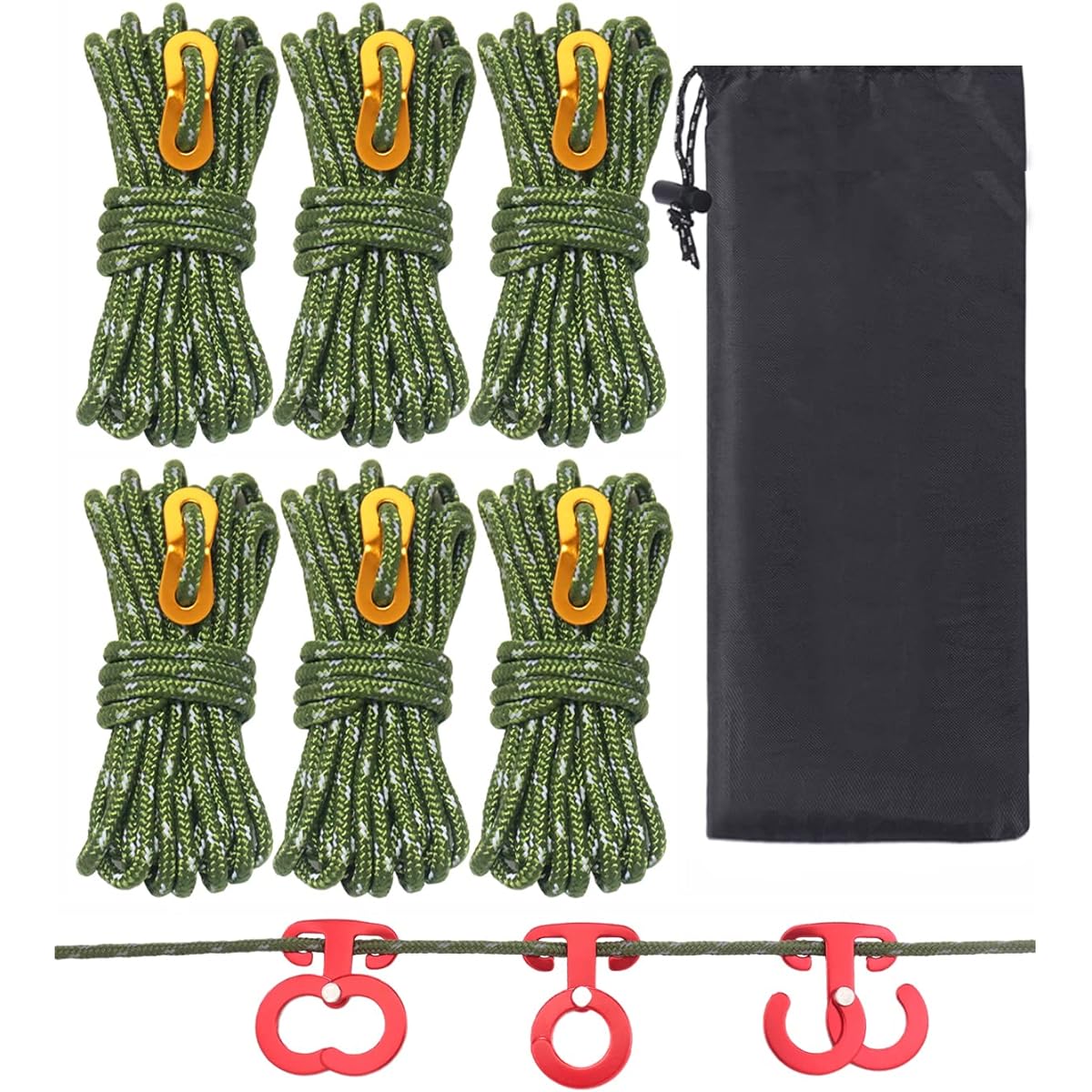 Guy Rope Tent Rope Paracord 5mm Tarp Rope - Camping Rope Guyline with Reflective Material Thickness 5mm Length 4m Load Capacity 350kg Flexible Metal Fittings Storage Bag Camping Outdoor (6 pieces of Army Green)