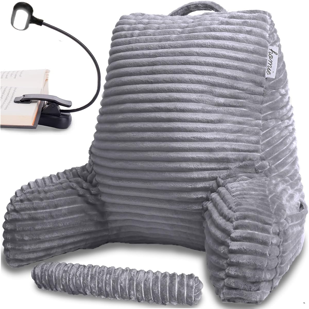 Homie Reading Bed Rest Cushion with Reading Light/Wrist Cushion and Armrest Backrest for Lounging Reading, Working on Laptop, Watching TV, M Size, Gray