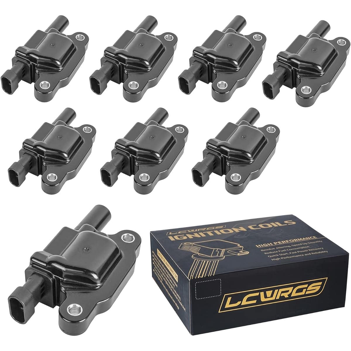 LCWRGS Square Eye Gnition Coil Pack 8 pieces set 5.3L 6.0L V8 Chevrolet GMC Cadillac Pontiac G8 Grand Prix Sylvalard Ican Trail Blazer Ava Lanche Taho Ukon Replacement # 12570616 UF413 D510C