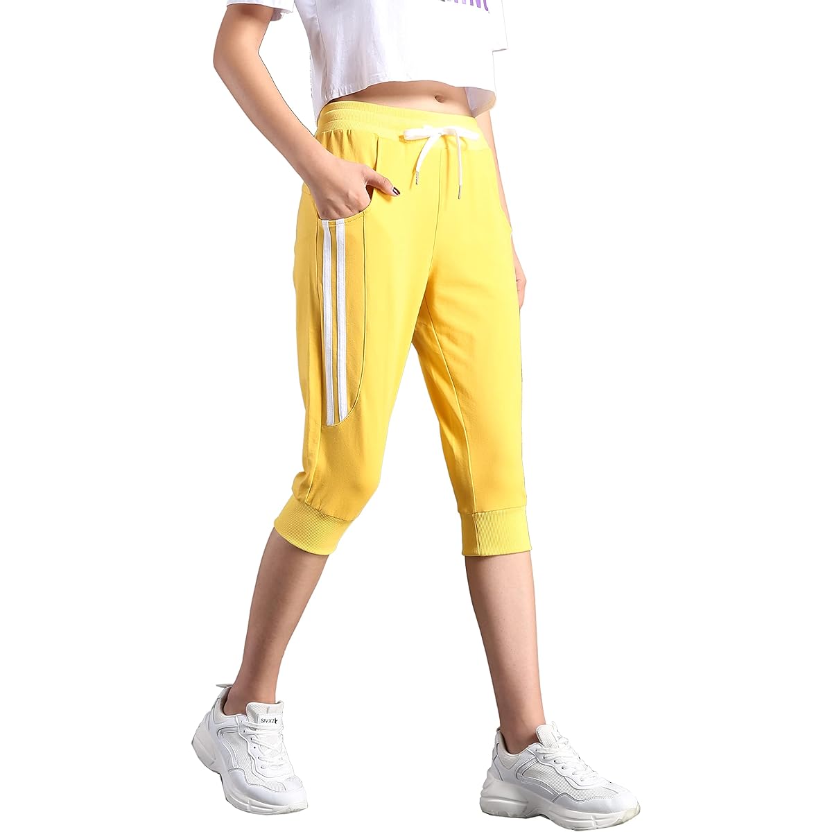[RAKUKOU] Women's Sweatpants, 3/4 Length, Cotton, Sports, 2 Lines, Shorts, Summer, with Pockets, Casual Wear, Soft, Breathable, Stretchy, Sweat Absorbent, Yoga, Running