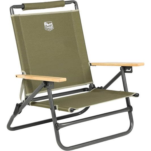 TIMBER RIDGE Outdoor Chair, Cross-legged Chair, Foldable, 3-tier Reclining, Load Capacity: 150kg, Weight: 3.9kg, Camping, Low Chair, Solo Chair, Wooden Armrest, Fishing, Barbecue
