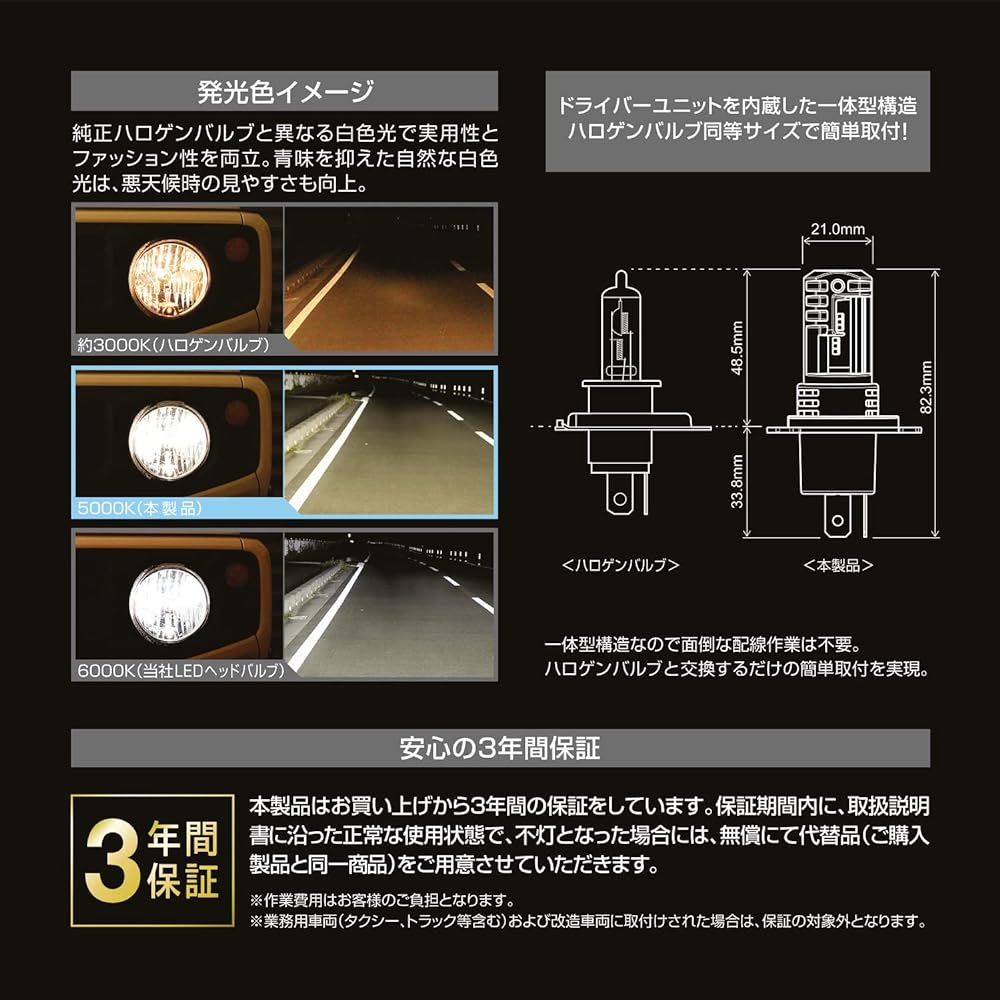 Carmate GIGA Car LED Headlight C3600 5000K Same size as halogen bulb and easy replacement! [Vehicle inspection compatible / 3 year warranty] Easy to see white light H4 BW565