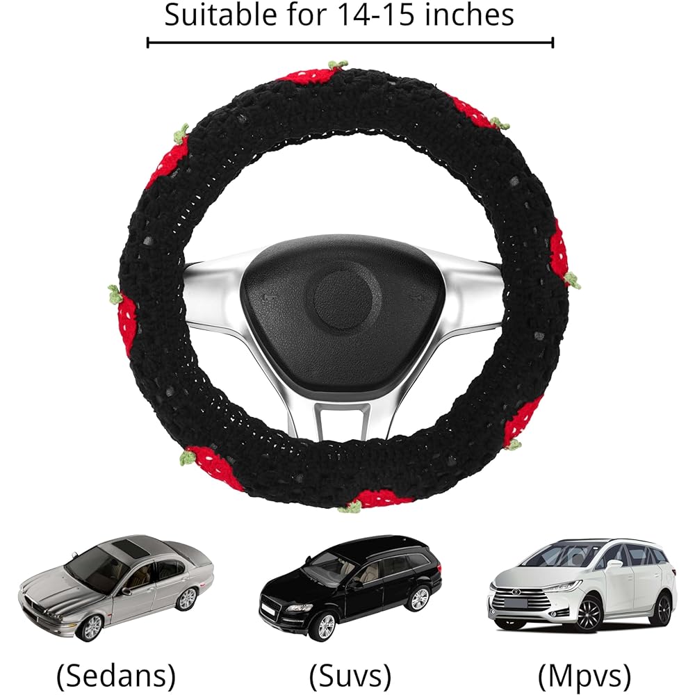 Kag needle handle cover set Cute car handle cover Boeho 14-15 inch black strawberry granny square Women car accessories gift (black strawberry cover set)