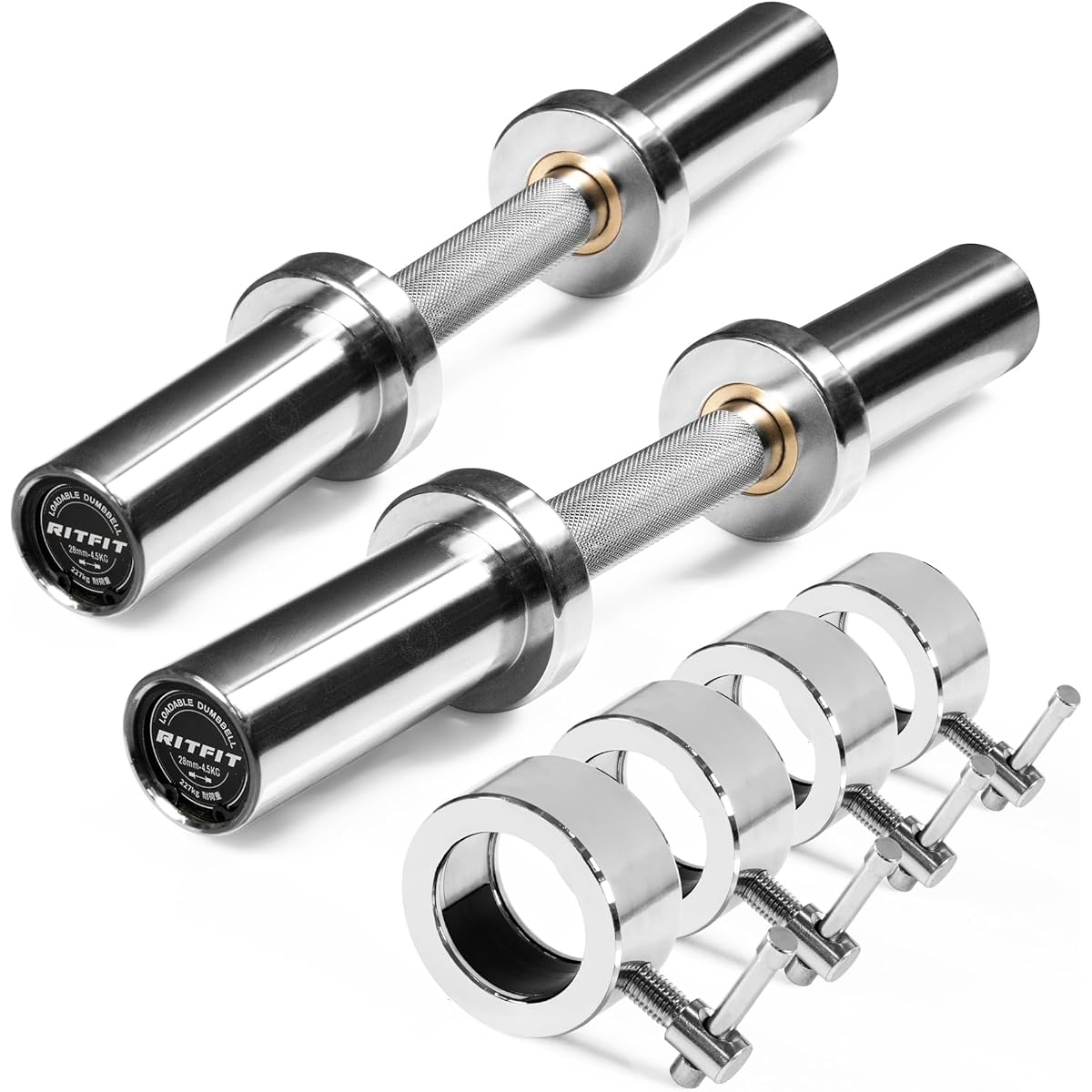 RITFIT Olympic Specification Dumbbell Shaft Dumbbell Barbell with Collar Dual Use Olympic Barbell Stainless Steel Dumbbell Diameter 50mm Only 2inch Pair Set of 2 Bearing Type Muscle Training Weight Bar Mini Barbell Shaft