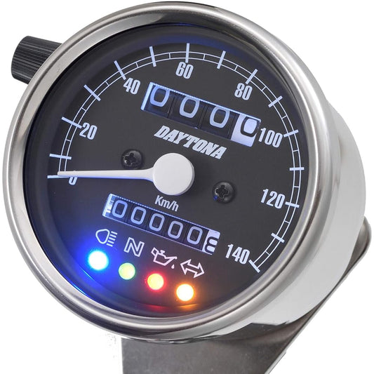 Daytona Motorcycle Mechanical Speedometer Stainless Steel Body/Black Panel/White LED φ60 140km/h Display with Indicator 15637