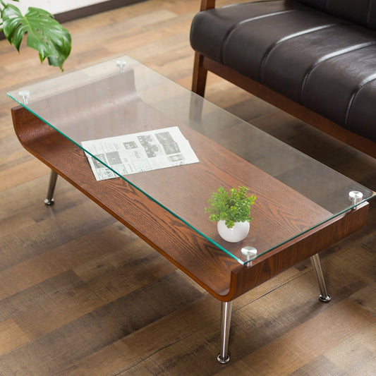 System K Bentwood Center Table Glass Table Low Table Tempered Glass Top Brown