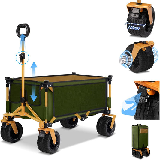 Kotesoto Carry Wagon, 10cm Wide Large Tire Cart, Outdoor, Compact Storage, Large Capacity 130L, Load Capacity 100kg, Camping, Folding, Handle Up to 108cm, Solid Tire, Leisure, Sports Day, Beach, Fishing, BBQ, Green