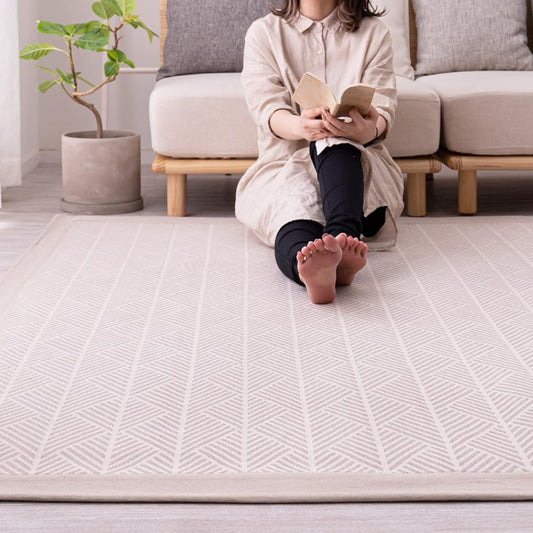 Hagiwara Rug White Approx. 185 x 185cm "Crack" Machine washable with anti-slip treatment 100% cotton Geometric pattern Herringbone style with tassels