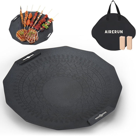 AIRERUN Multi Griddle Pan, Iron Frying Pan, Multi Griddle, IH Compatible, Gas, Bonfire, Open Fire Compatible, Handle Cover Included, No Seasoning Required, Outdoor Camping BBQ [Storage Case Included] Family Travel (40cm)