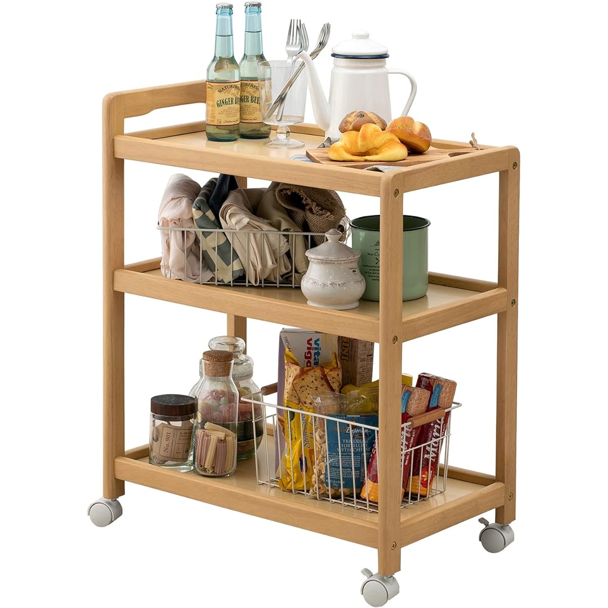 Hagiwara Kitchen Wagon Gap Storage Cart 3 Tiers Natural Wood Load Capacity 15kg Large Capacity Casters with Handle Width 59 Depth 34 Height 72.5 Natural VW-7977NA