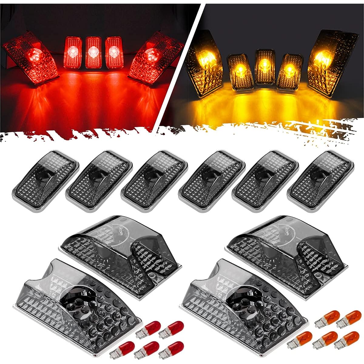PARTSAM HUMMER H2 Cabio Flight Smoke Housing 2003-2009 Hummer H2 SUT Cab Roof Top Clearance Marker Light Lamp 2005-2009 Front Rear 264160BK T10 With halogen bulb (10 red+10 amber)