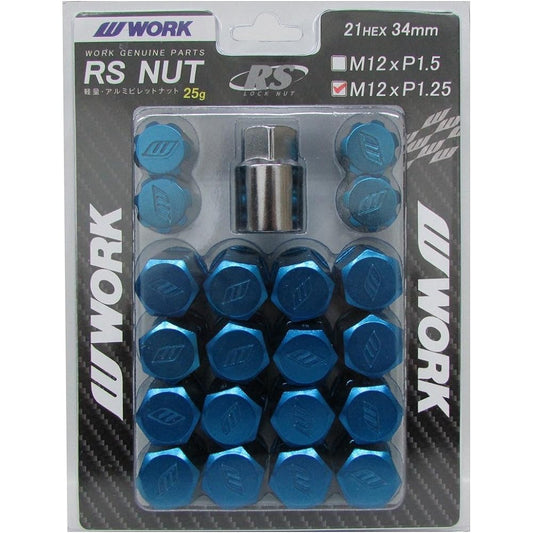WORK Lightweight Lock Nut Set RS Nut Blue 21HEX M12 x P1.25 Total Length 34mm WORKRSNUT-BL125
