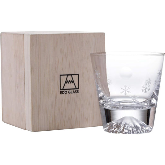 Tajima Glass Edo Glass Mt. Fuji Glass Rocks Glass in Wooden Box (Moon and Snowflake)