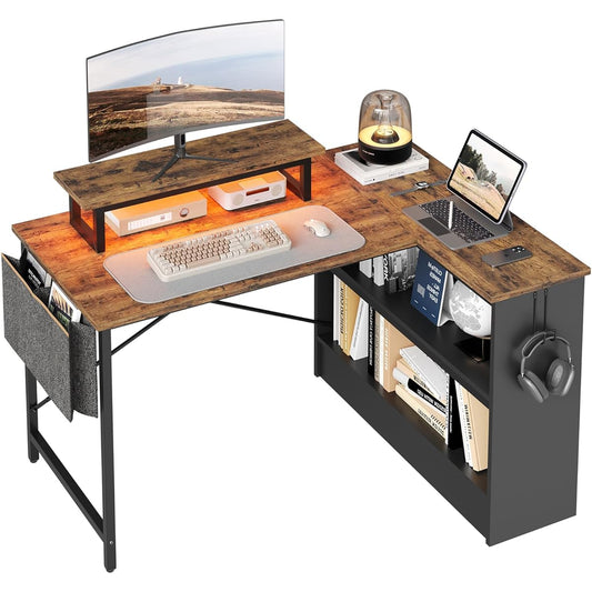 Bestier L-shaped desk, computer desk, width 107cm, study desk, study desk, compact storage, computer desk, storage bag included, LED light, corner desk, work desk, left and right interchangeable, stylish, wooden, vintage
