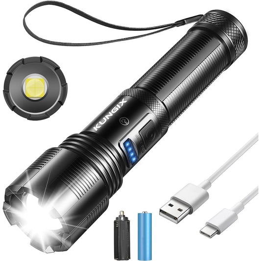 Flashlight, Ultra Bright Chip, Handy Light, USB Type-C Rechargeable, Powerful, High Brightness, 5,000 Lumens, 5 Modes Dimming, IP54 Waterproof, Dustproof, Zoom Type, Lightweight, Aluminum Alloy,