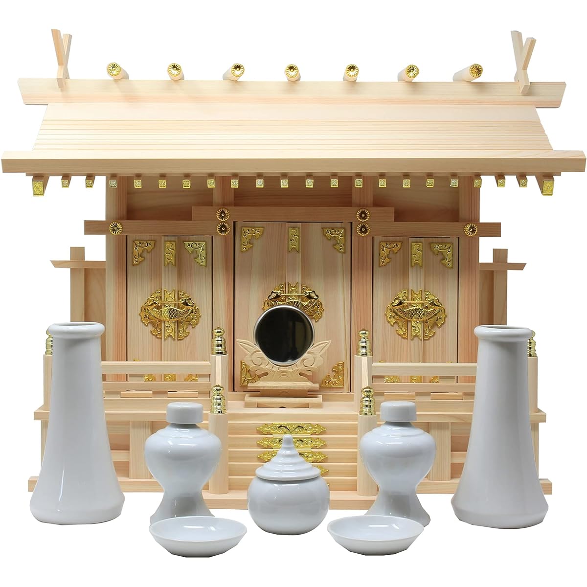 Matsuyama Shinto Buddhist Altar Shop, Shinto Altar, Through Roof Three Shrines, Small Shinto Item, Divine Mirror Set, with Cloud Seal, Made in Japan, Made in Japan, Cypress, Cypress, Width 54cm, Height 40cm, Depth 21.5cm