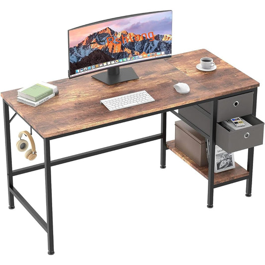 Rshtong Desk PC Desk Computer Desk with Drawer Width 120cm x Depth 55cm Storage Rack Desk with Rack Home Work Desk Office Desk Box Study Desk Telework Home Work (A120*55cm, Vintage)