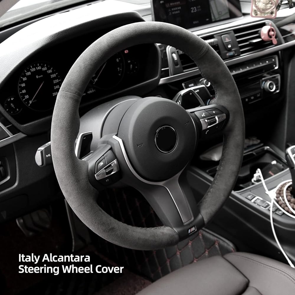 ALFANXI Hand -stitched Italian Alcantara Car Handle Cover Wrap BMW 2 3 5 5 6 Series M2 M2 M4 M5 M6 X2 X5 X5 M6 M Trim (Black Alcantara+No Stripes)