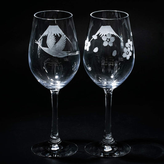 [Taimuro Kobo Official] Edo Kiriko Mt.Fuji with Cranes and Cherry Blossom Wine Glasses Pair (Transparent) TB0080-32/0080-33 Comes in a Presentation Box Made in Japan