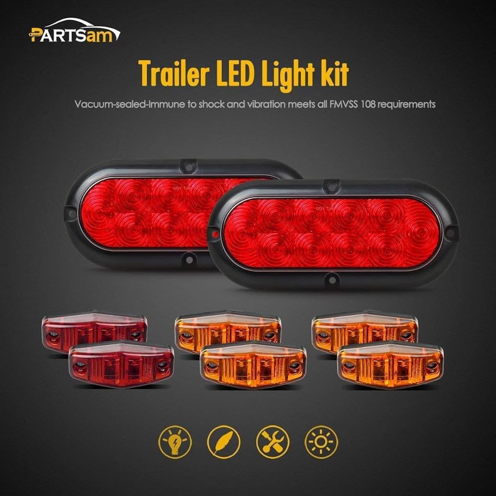 PARTSAM 12V LED trailer light waterproof 2 pieces 6 inch elliptical LED trailer tail light stop turn brake tail light light 8 mini oval LED Marker clearance light utility boat RV camper cargo dump trailer