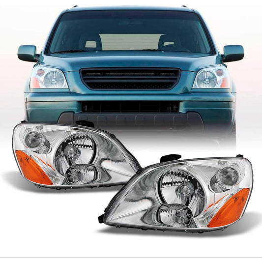 Honda Pilot Chrome Bezel OE replacement Headlight Driver/Amber head lamp pair for passenger seats.
