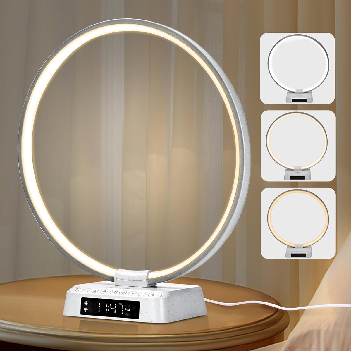 Ring light, alarm light, biological clock adjustment light, ring light with sunrise/sunset time setting, multi-function timer, natural ambient white noise bedside light, perfect for living room, bedroom, office, reading, work