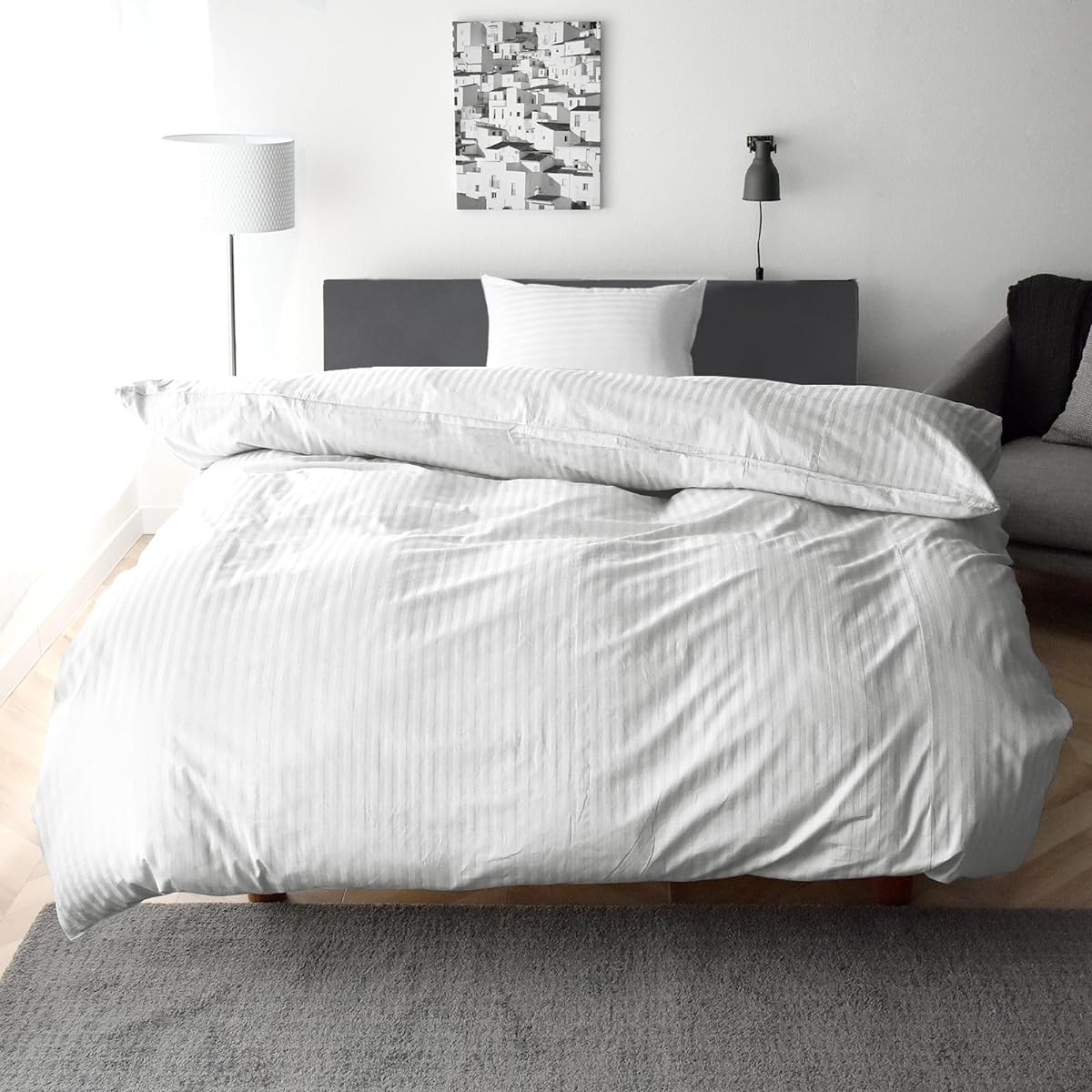 Made in Japan, Duvet Cover Set, Single, 3 Piece Set, Mite Resistant, 100% Cotton, Satin Stripe, 315 Pieces of High Density Fabric, Duvet Cover, Fitted Sheet, Pillowcase, Scandinavian, Stylish, Etoile (Single, Snow White)