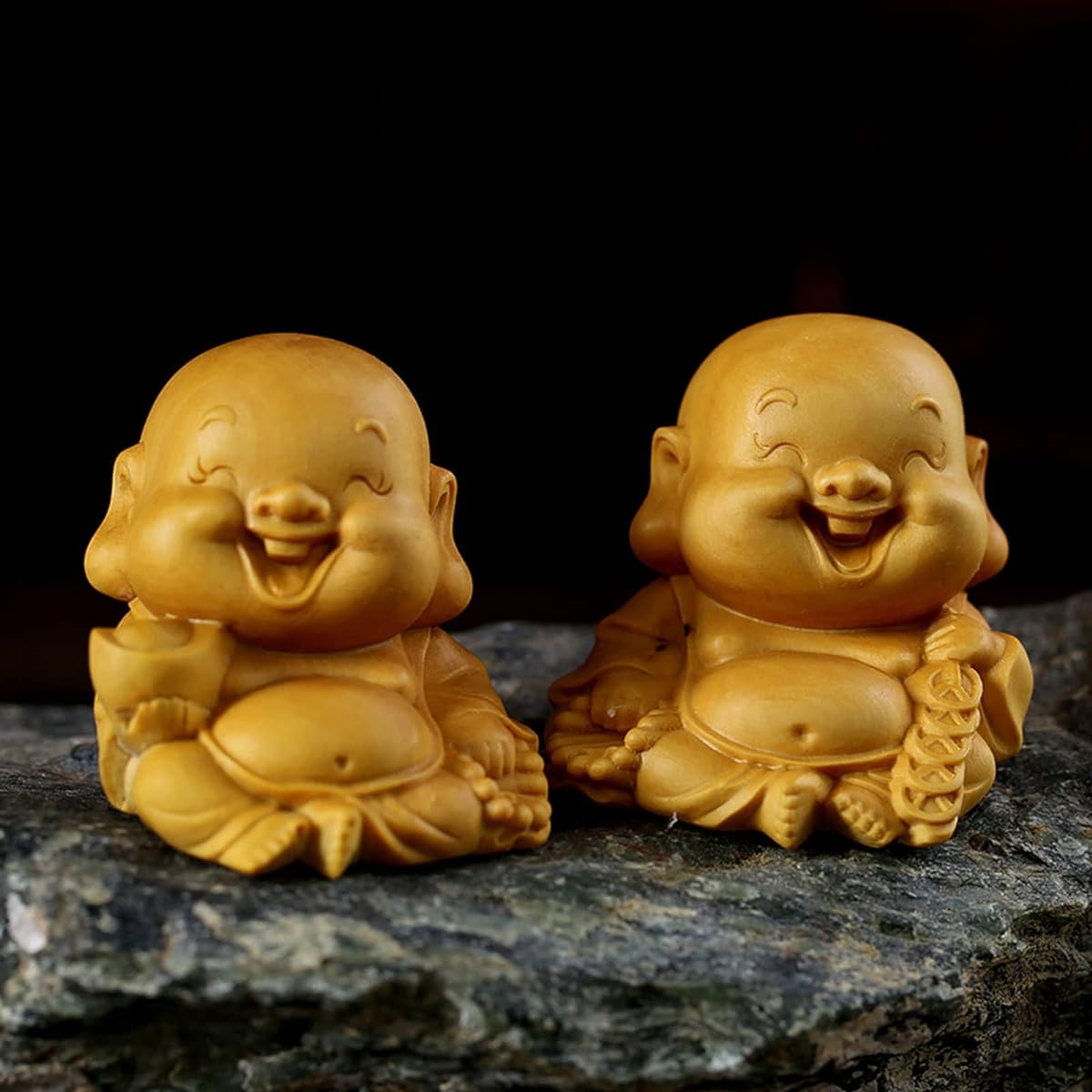 Mini Cute Hotei-like Ornament, High Quality Natural Boxwood Wood Carving [Set of 2] Buddha Statue, Wood Carving, Seven Lucky Gods Ornament, Cloth Bag, Money Luck Amulet (Height 5.2cm x Width 4.7cm x Depth 4cm)