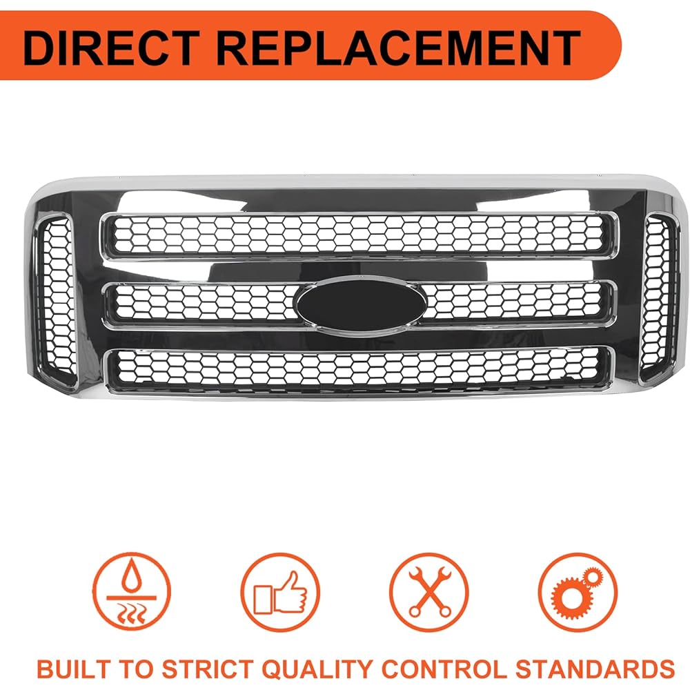 ECOTRIC Front Grill 2006 Style 1999-2004 F250 F350 F450 F550 SUPER DUTY 2000-2004 Exclsion New Grille Chrome