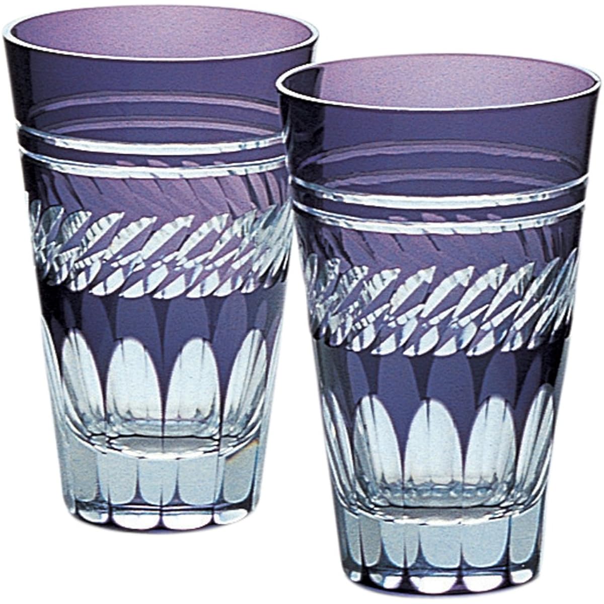 Pair of Edo Kiriko diamond-stacked tumblers (in wooden box), purple 01-634-1