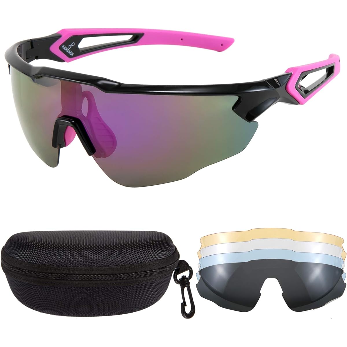 [Karsaer] TR90 Sports Sunglasses, Polarized Riding Sunglasses, MTB/Fishing, Baseball, Bicycle, UV Protection, 4 Lenses Included B7053