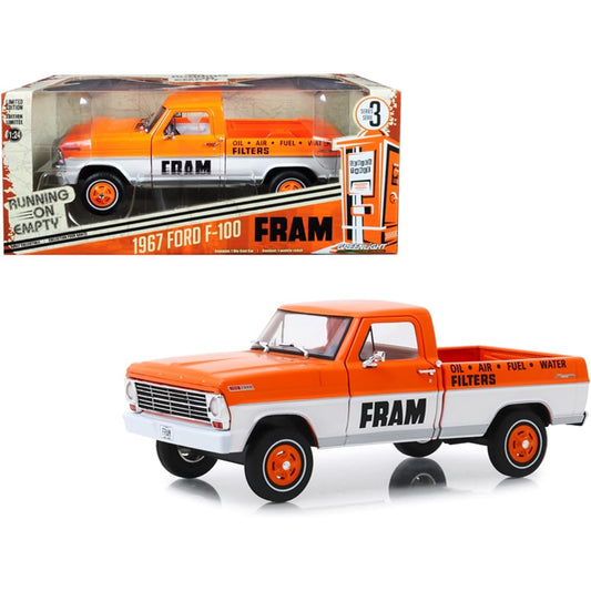 1967 Ford F-100 Pickup Truck Orange and White FRAM Oil Filters "Running on Empty" Series 3 1/24 Diecast Model Car by Greenlight"""