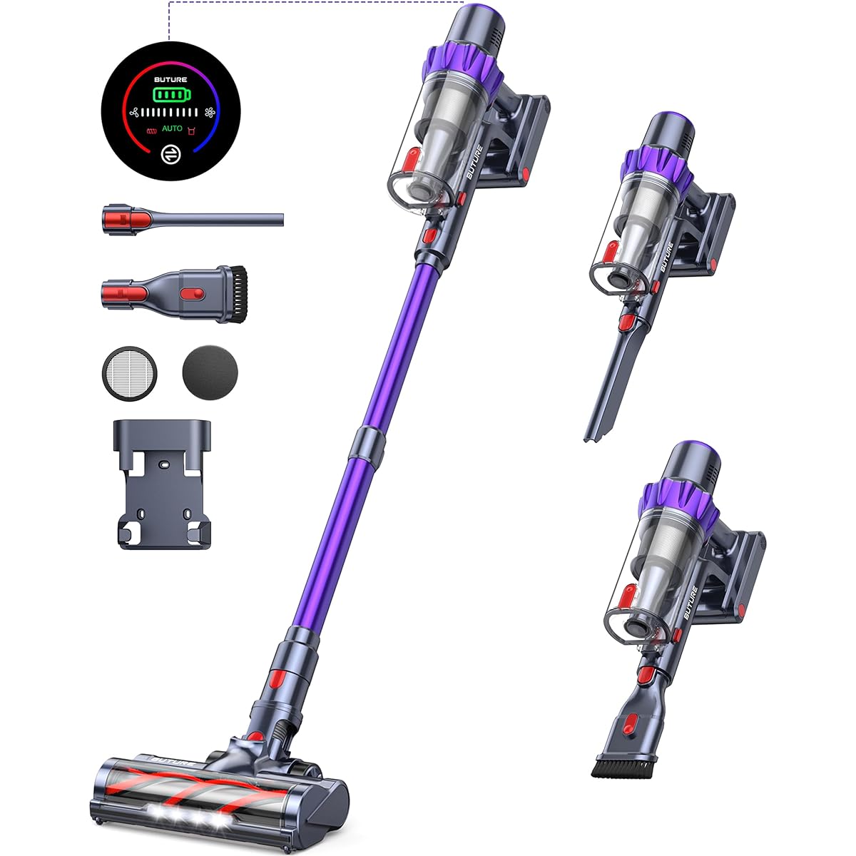 Cordless vacuum cleaner, 33kpa powerful suction, LCD display, tangle-free head, 450W, cyclone, 7-fold filtration, 55 minute long runtime, can be operated in auto mode, detachable battery, 1.5L large capacity dust cup, telescopic pipe, various nozzles inc
