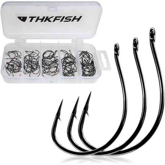 THKFISH 50pcs/100pcs Fishing Hooks Swordfish Salmon Red Snapper Fishing Hook DropShot Hook Offset Circle Hook for Fishing #3#2#1 1/0 2/0